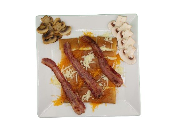 Crepe filled with cheese, bacon, and mushrooms