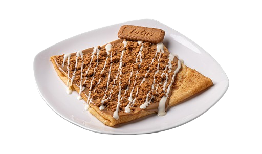 Crepe topped with cookie butter sauce, white chocolate, and cookie crumbs