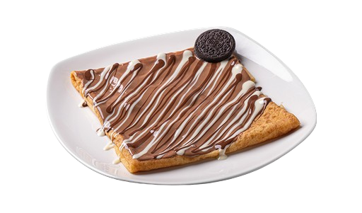 Crepe topped with chocolate, white chocolate, and cookie crumbs