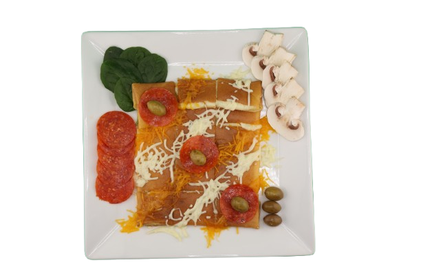 Crepe filled with mozzarella, pepperoni, olives, spinach, and mushrooms