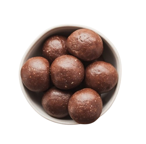 Chocolate and peanut butter protein bites on display