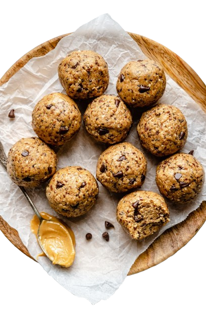 Vegan chocolate and peanut butter protein bites on display