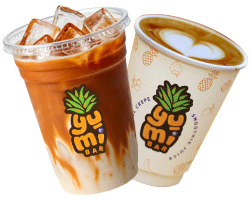 Iced coffee and hot latte with milk foam in branded cups