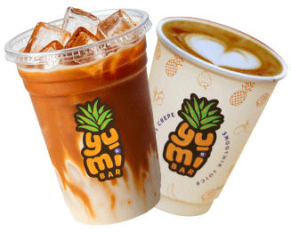 Iced coffee and hot latte with milk foam in branded cups